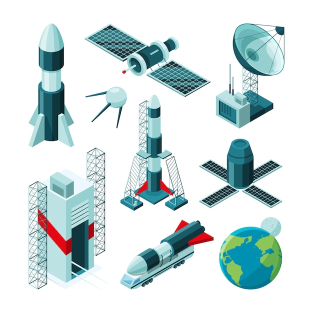 isometric pictures of different tools and constructions for space center. 