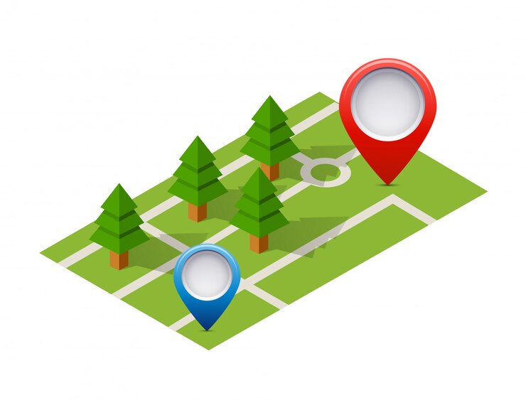 Vector isometric pin icon on the navigation map