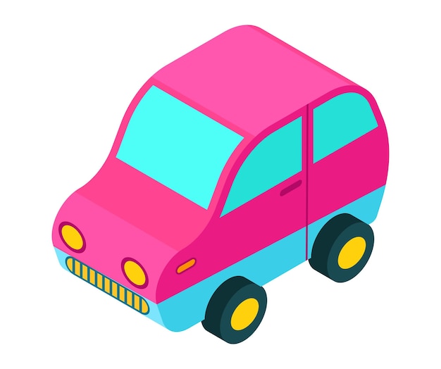 Vector isometric pink and blue car cute toylike vehicle design fun and playful transportation vector