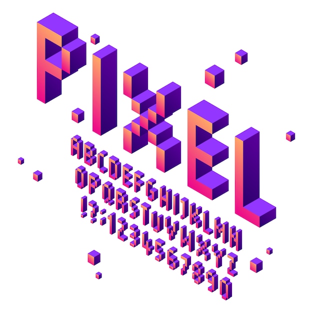 Vector isometric pixel art font. arcade game fonts alphabet, retro gaming cubic typographic lettering sign and pixels numbers vector set