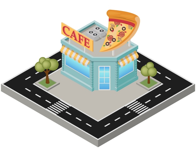 Isometric pizza cafe building with road on a white background.