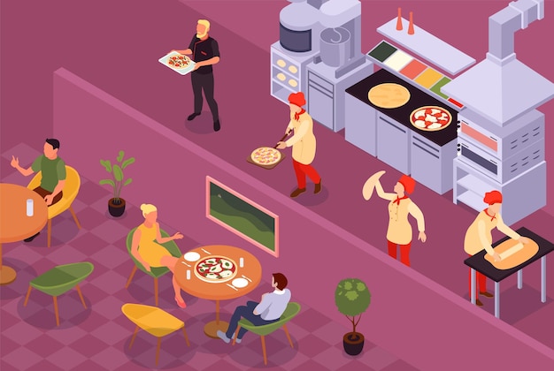 Vector isometric pizza composition with indoor view of cafeteria restaurant with cooks waiter and clients at tables vector illustration