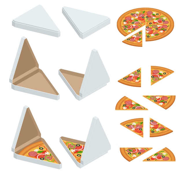 Vector isometric pizza triangle box slice slice of fresh italian classic pizza isolated on white background hot tasty pizza used for design and branding