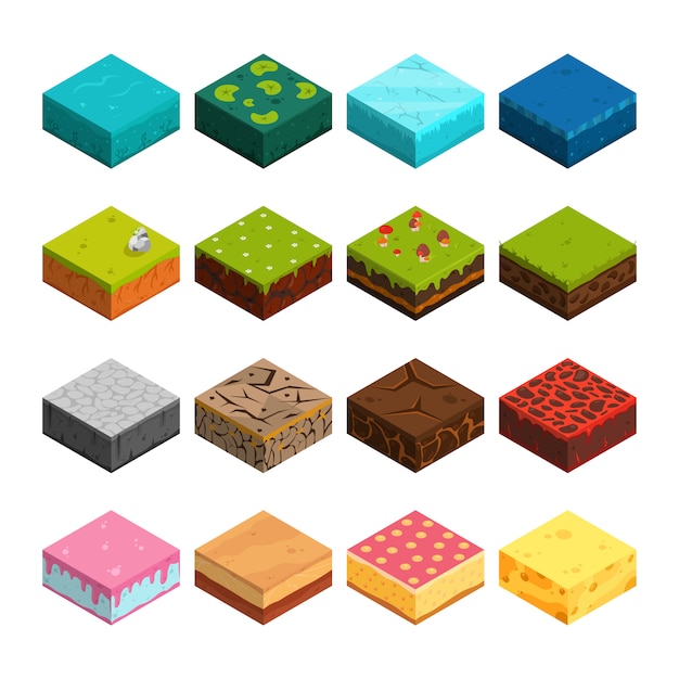 Vector isometric platforms set different soil textures.