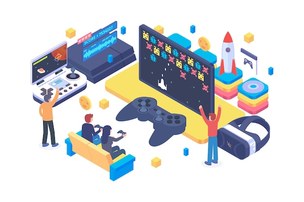 Vector isometric playing video game concept