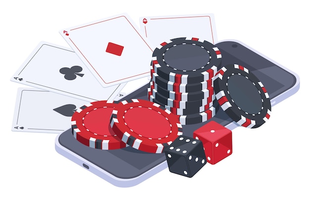 App mobile per poker isometrico casinò di gioco d'azzardo online con carte dadi e fiches illustrazione vettoriale del gioco di poker su internet isolata su sfondo bianco