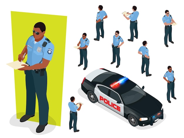Isometric police-officer in uniform and police car. Vector illustration Isolated on white background. Police officer emergency service car driving street.