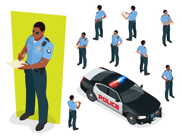 Vector isometric police-officer in uniform and police car. vector illustration isolated on white background. police officer emergency service car driving street.