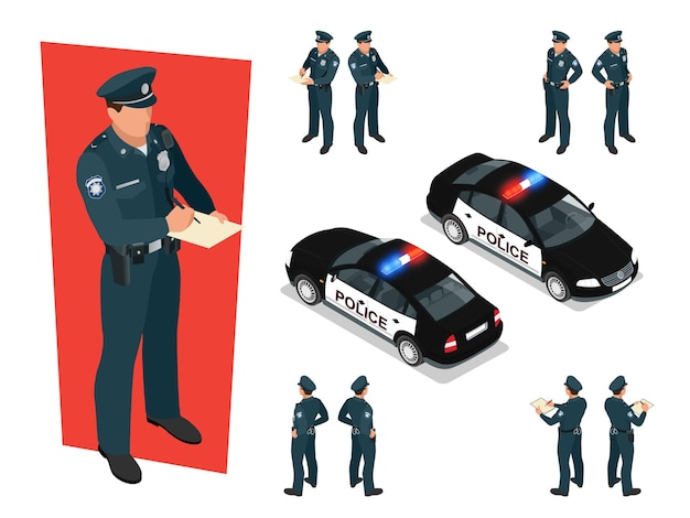 Isometric police-officer in uniform and police car. Vector illustration Isolated on white background. Police officer emergency service car driving street.