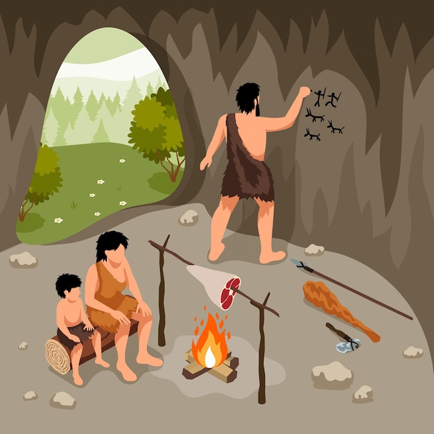 Vector isometric primitive people composition with view of tribal family in cave with man drawing on walls vector illustration