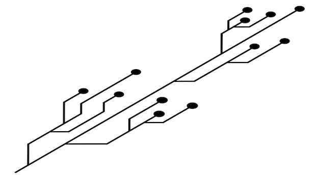 흰색 배경에 격리된 아이소메트릭 인쇄 회로 기판 PCB 트랙 끝에 선과 점이 있는 기술 클립 아트 디자인 요소