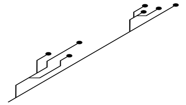 흰색 배경에 격리된 아이소메트릭 인쇄 회로 기판 PCB 트랙 끝에 선과 점이 있는 기술 클립 아트 디자인 요소