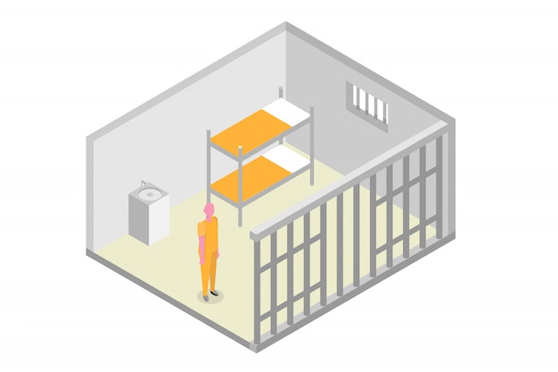 Cella di prigione isometrica. prigione, concetto di incarcerazione. illustrazione vettoriale