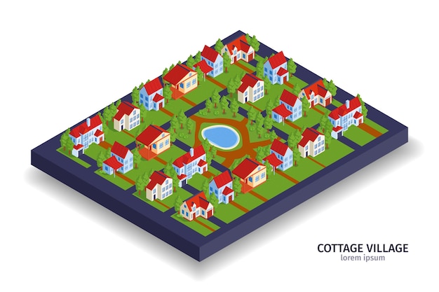 Composizione di case a schiera private isometriche con vista del quartiere moderno e fattoria con cottage e testo