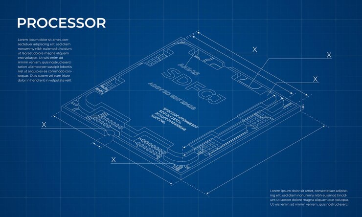 Vector isometric processor blueprint central processing unit or cpu computer hardware components semiconductor technology concept vector illustration