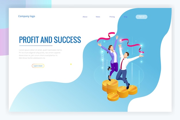 Isometric profit fortune and success successful investment concept Man and woman is glad a lot of money success good luck