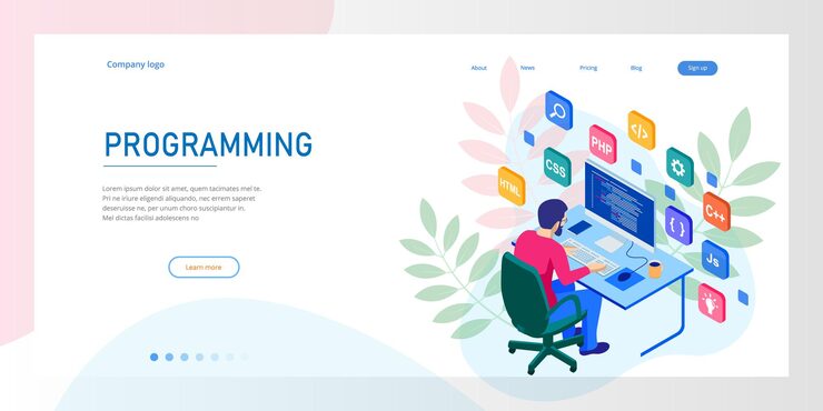 Vector isometric programmer coding new project. web developer, programming concept. landing page or mobile website development template.