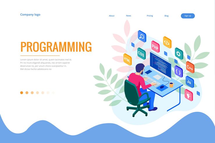 Vector isometric programmer coding new project. web developer, programming concept. landing page or mobile website development template.