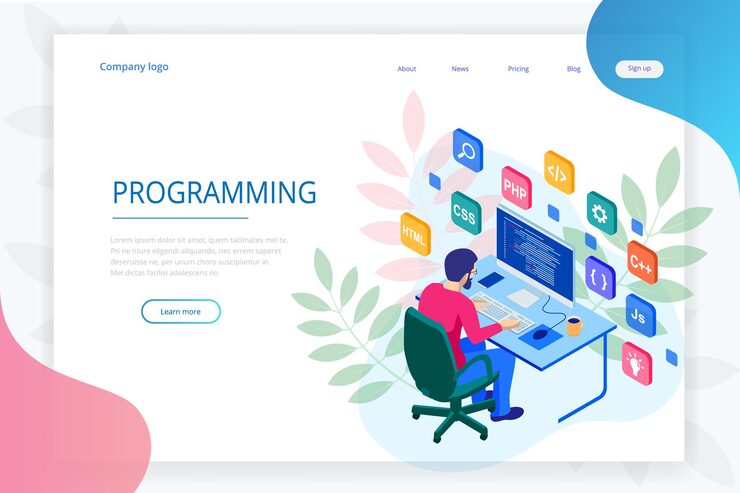 Vector 아이소메트릭 프로그래머 코딩 새 프로젝트. 웹 개발자, 프로그래밍 개념입니다. 방문 페이지 또는 모바일 웹사이트 개발 템플릿입니다.