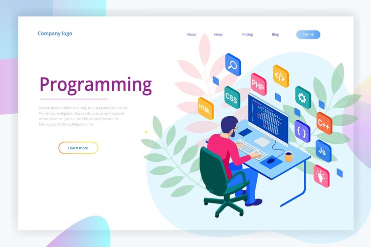 Vector isometric programmer coding new project. web developer, programming concept. landing page or mobile website development template.