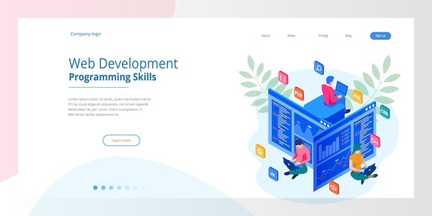 Isometric programmer coding new project. web development and programming skills for website. web banner illustration project team of engineers for website, php, html, css, js.