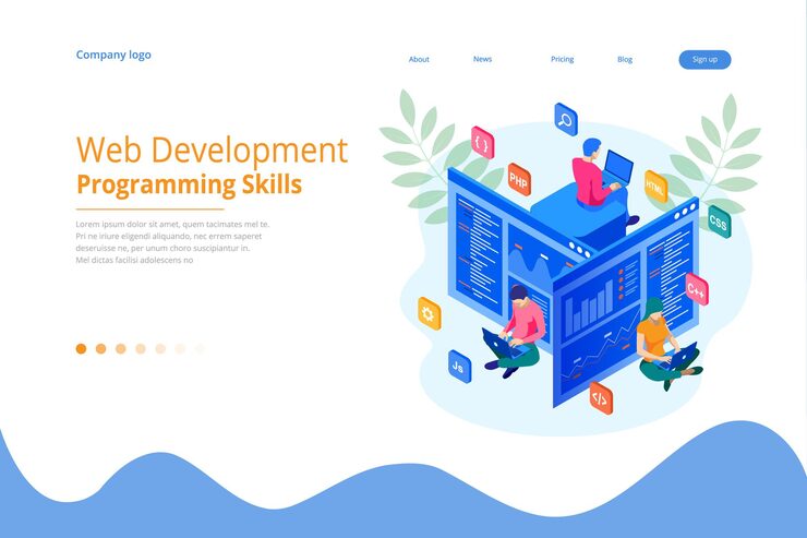 Vector isometric programmer coding new project. web development and programming skills for website. web banner illustration project team of engineers for website, php, html, css, js.