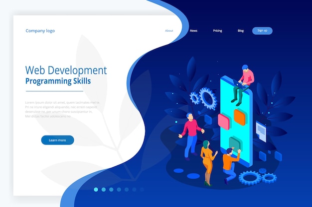 Isometric programmer coding new project. web development and programming skills for website. web banner illustration project team of engineers for website, php, html, css, js.