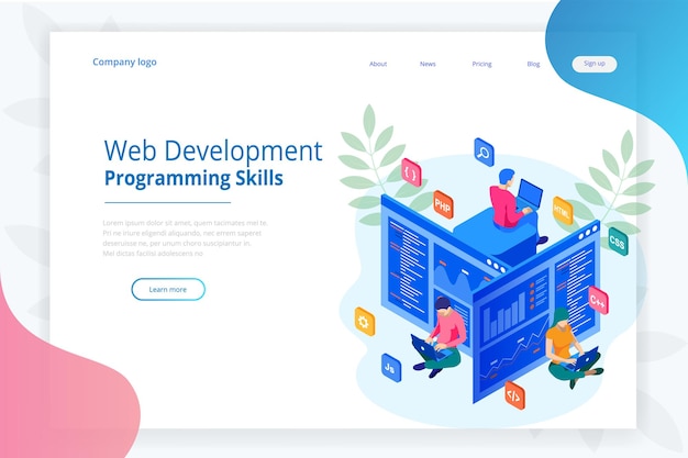 Programmatore isometrico che codifica un nuovo progetto. competenze di sviluppo web e programmazione per sito web. web banner illustrazione team di progetto di ingegneri per sito web, php, html, css, js.