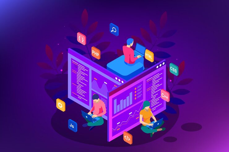 Vector isometric programmer coding new project. web development and programming skills for website. web banner illustration project team of engineers for website, php, html, css, js.