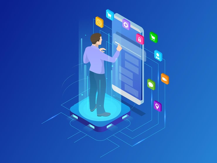 Vector isometric programmer working in a software develop company office. developing programming and coding technologies concept. ux ui user interface and user experience process.