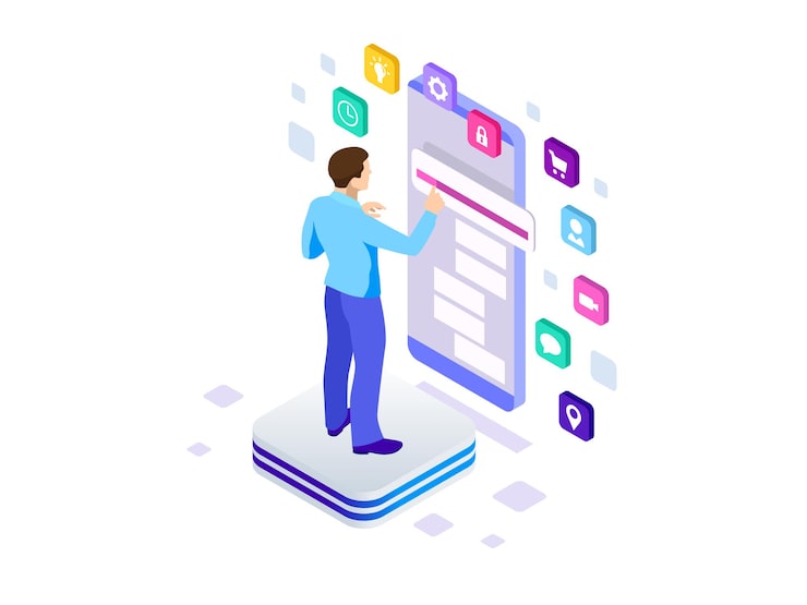 Vector isometric programmer working in a software develop company office. developing programming and coding technologies concept. ux ui user interface and user experience process.