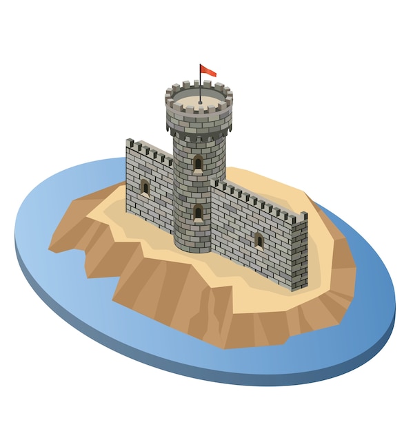 Isometric projection of a medieval castle on an island