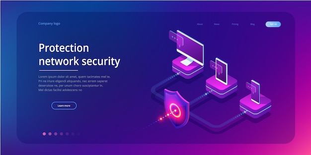 Vector isometric protection network security and safe your data concept web page design templates cybersecurity digital crime by an anonymous hacker vector illustration