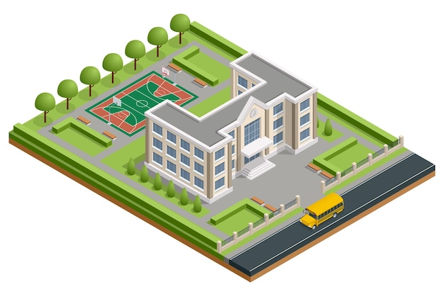 아이소메트릭 공립 학교 건물입니다. 스포츠 경기장, 스쿨 버스 및 공원이 있는 외부 학교 건물. 벡터 일러스트 레이 션 아이콘 또는 Infographic 요소입니다.