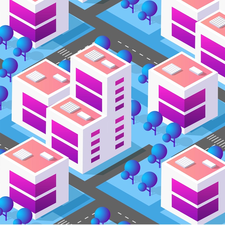 Vector isometric purple blue view of the city