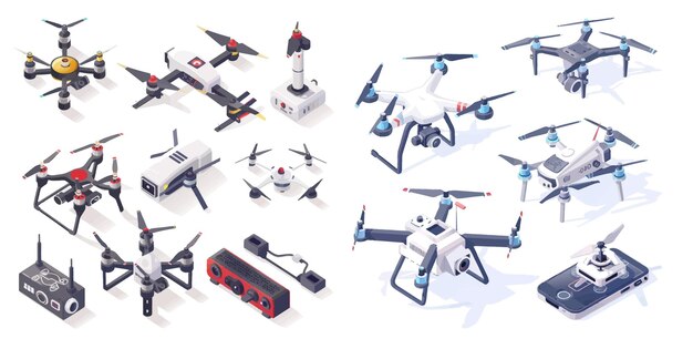 Vettore droni volanti radiocomandati a distanza a quadrocopter isometrici