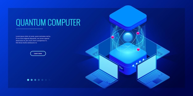 Isometric Quantum computing or Supercomputing. A quantum computer is a device that performs quantum computing. Vector illustration.