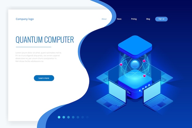 Isometric Quantum computing or Supercomputing. A quantum computer is a device that performs quantum computing. Vector illustration.