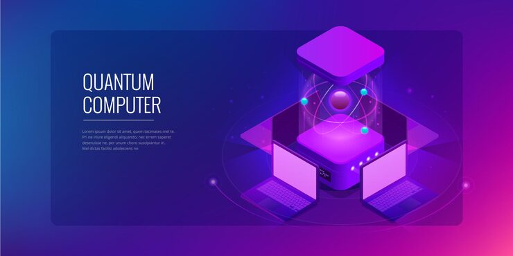 Vector isometric quantum computing or supercomputing. a quantum computer is a device that performs quantum computing. vector illustration.