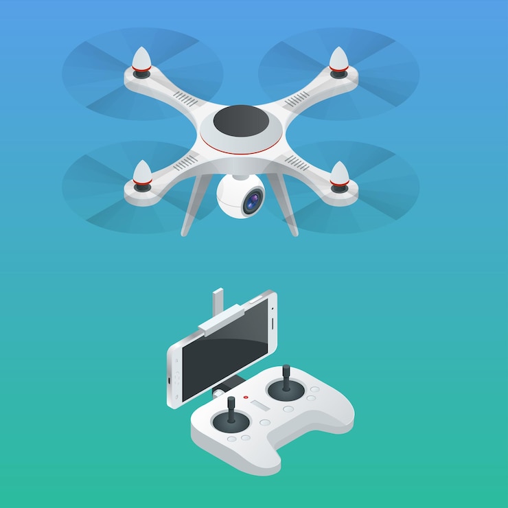 Vector isometric radio-controlled drone. innovation video and photography equipment. vector illustration.