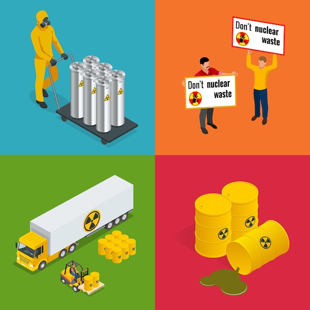 Isometric radioactive waste elements. vector hazard and radiation vector illustrations.