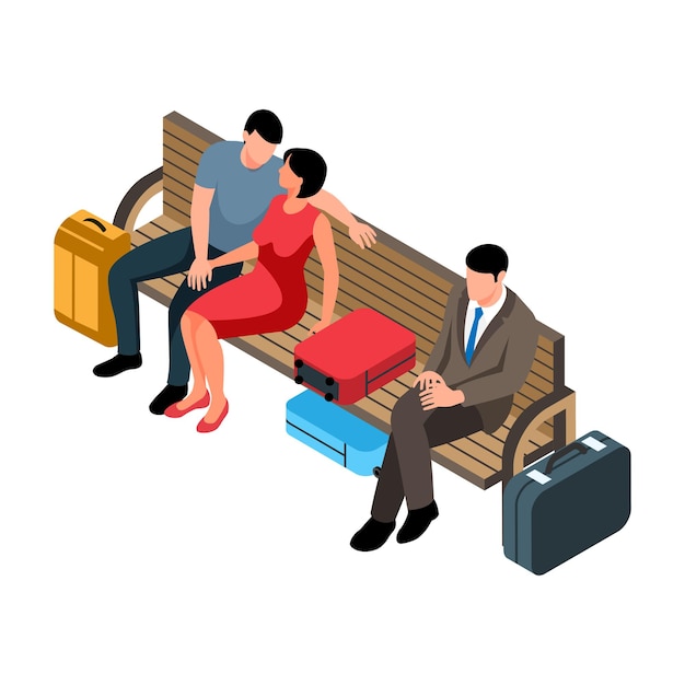 Isometric railway composition with human characters of waiting passengers sitting on bench  illustration