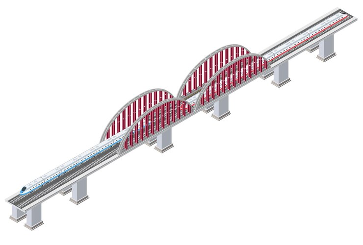 Vector isometric railway locomotive transport railroad bridge three-dimensional with train and supports