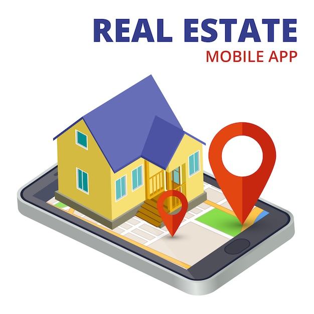 Isometric real estate mobile app with phone and 3d house 