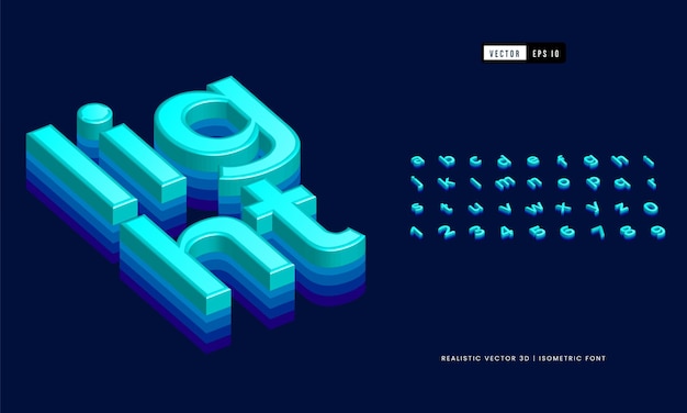 Carattere tipografico di carattere vettoriale alfabeto al neon 3d realistico isometrico