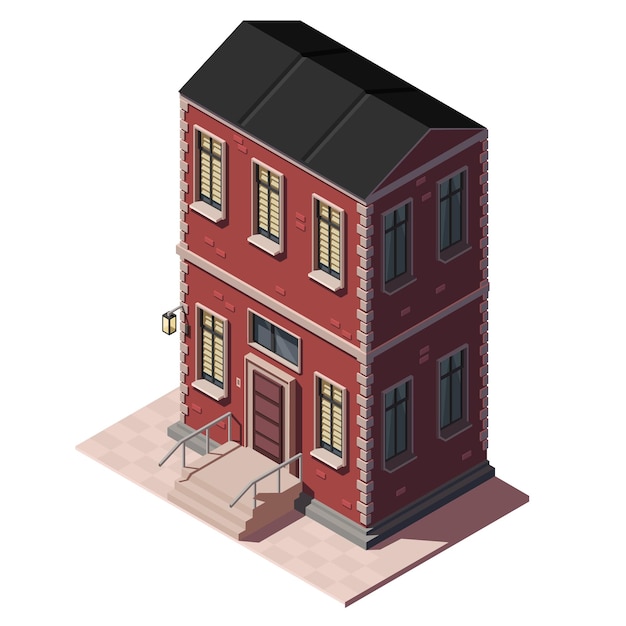 市内地図作成のための等尺性の赤い建物コレクション アイコン要素は、白い背景ベクトルイラストに分離された低ポリタウンハウスアパートのレトロなスタイルの建築の街並みを表します