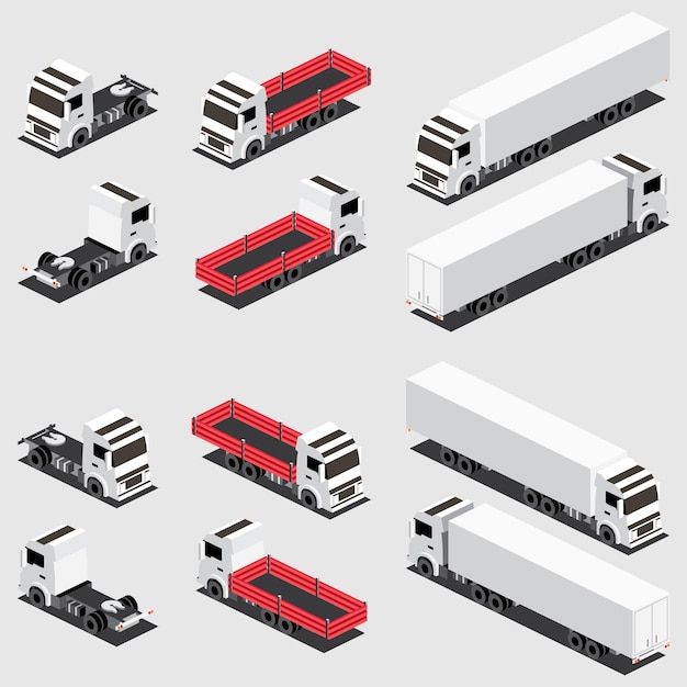 상업용 운송 물류를 설정하는 컨테이너 아이콘이 있는 아이소메트릭 빨간색 평상형 화물 트럭 및 트럭 트레일러