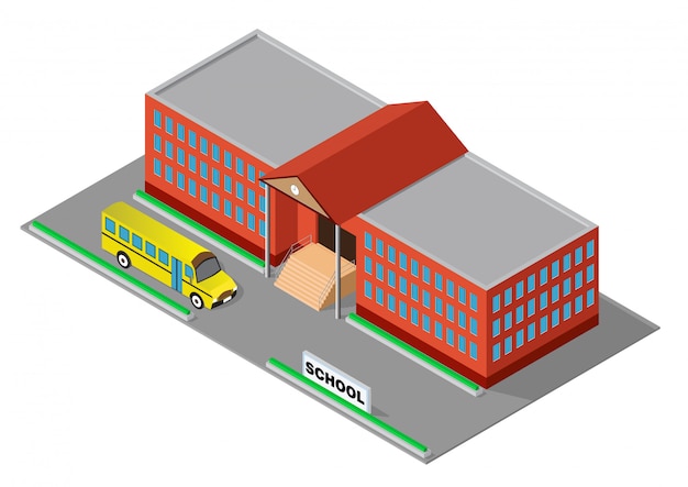 Isometric red school building with school bus