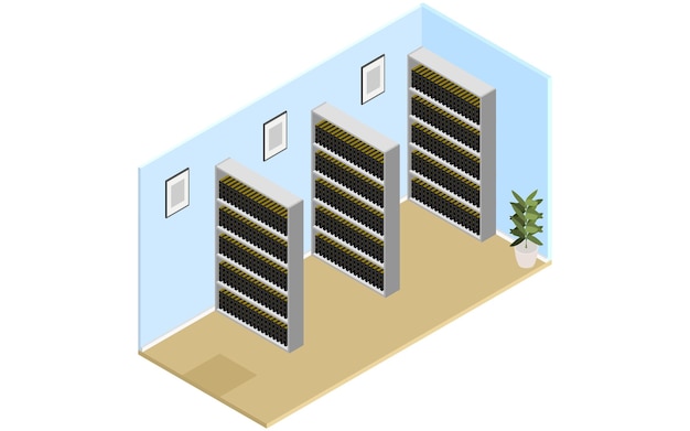 Vector isometric a reference room full of materials on a bookshelf