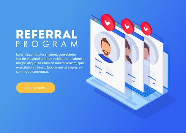 Vector isometric referral program marketing concept, referral program strategy, referring friends, network marketing